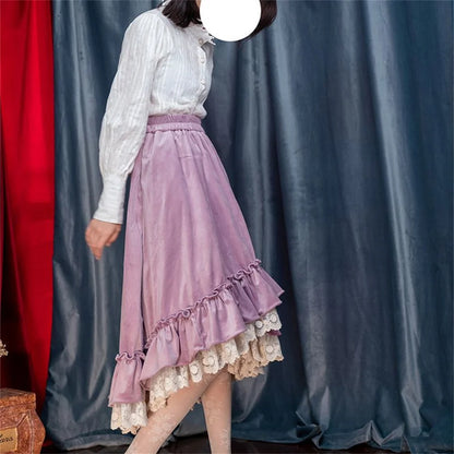 Vintage Japanese Style Girl Lace Spliced Purple Ruffled Women Skirts High Waist A-line Irregular Loose Thicken Sweet Long Skirts