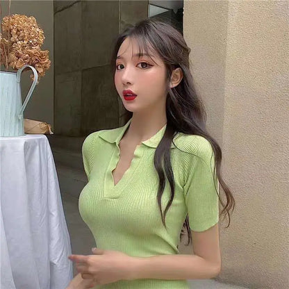 Short Sleeve Dress Women Slim Knitting Female Clothes Summer Streetwear Vacation Casual Soft Sweet Basic Ulzzang Vestidos