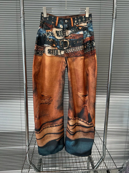 DEAT Fashion Women's 3D Printing Retro Color Painting Jeans High Waist Contrast Color Denim Pants Female Trendy New 11A03696