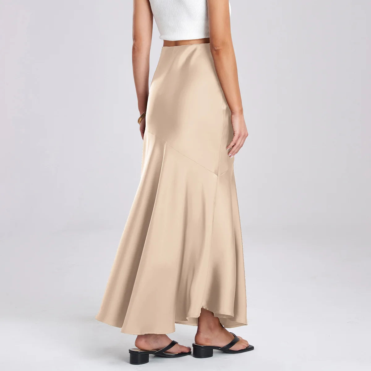 Fishtail Maxi Skirt Elegant Faux Silk Satin Skirts for Women High Waist A-line Office Lady Skirt Solid Color Glossy Finish W6681