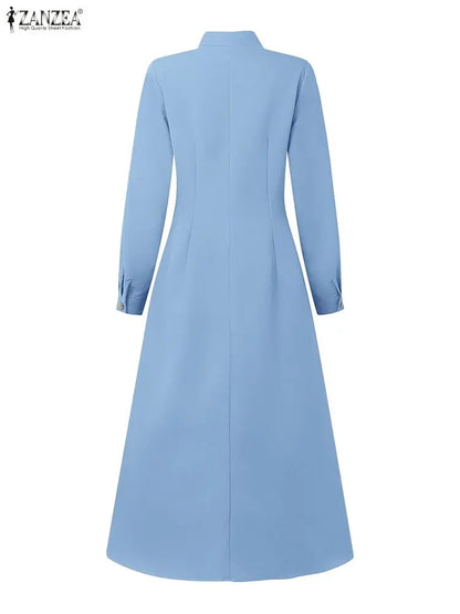 Women's Elegant A-Line Midi Dresses ZANZEA Casual Mock Neck Long Sleeve Button Up Long Dress 2025 Autumn Woman Clothing S-3XL