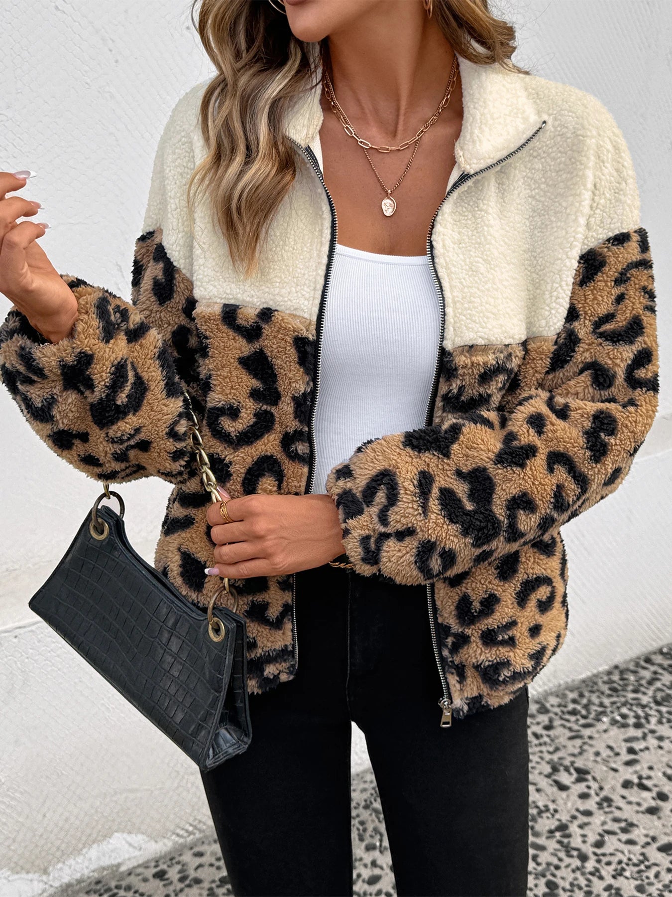 Women's Classic Leopard Print Patchwork Furry Zipper Jacket Trendy Outerwear for Cross-Border Foreign Trade