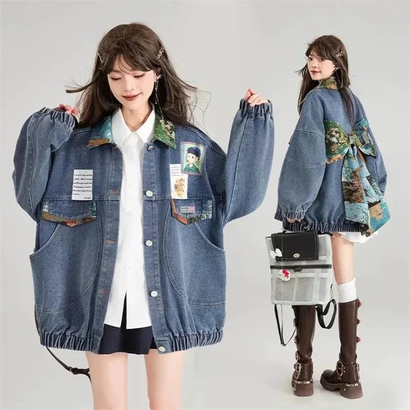 French Female Jacquard Bow Jeans Jacket Ladies Fashion Leisure Cowboy Outwear Spring Autumn Women Long Sleeves Denim Tops Coat