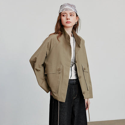TOYOUTH Women Jacket Coat 2025 Autumn New Barn Style Workwear Large Pocket Stand up Collar Single Breaste Button Outwear Coat