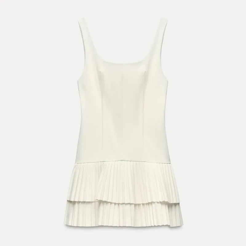 Patchwork Contrast Color Pleated Mini Dress Women Chic Strap Sleeveless Backless Single Breasted Dresses 2025 Spring Lady Robe