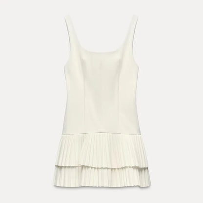 Patchwork Contrast Color Pleated Mini Dress Women Chic Strap Sleeveless Backless Single Breasted Dresses 2025 Spring Lady Robe