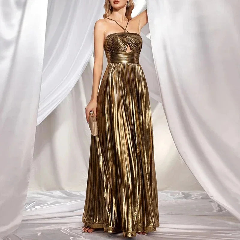 Sexy Hollow Out Backless Pleated Party Evening Dresses Women Elegant Hanging Neck Sleeveless Waist Vent Maxi Dress New Vacation
