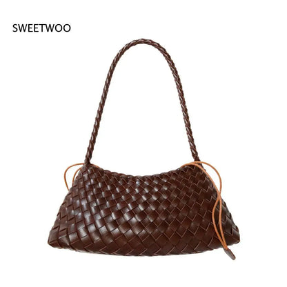 Women's Woven Shoulder Bag Soft Leather Tote Bag with Drawstring Inner Bag 2-In-1 Bucket Bag for Daily Commute Handbag