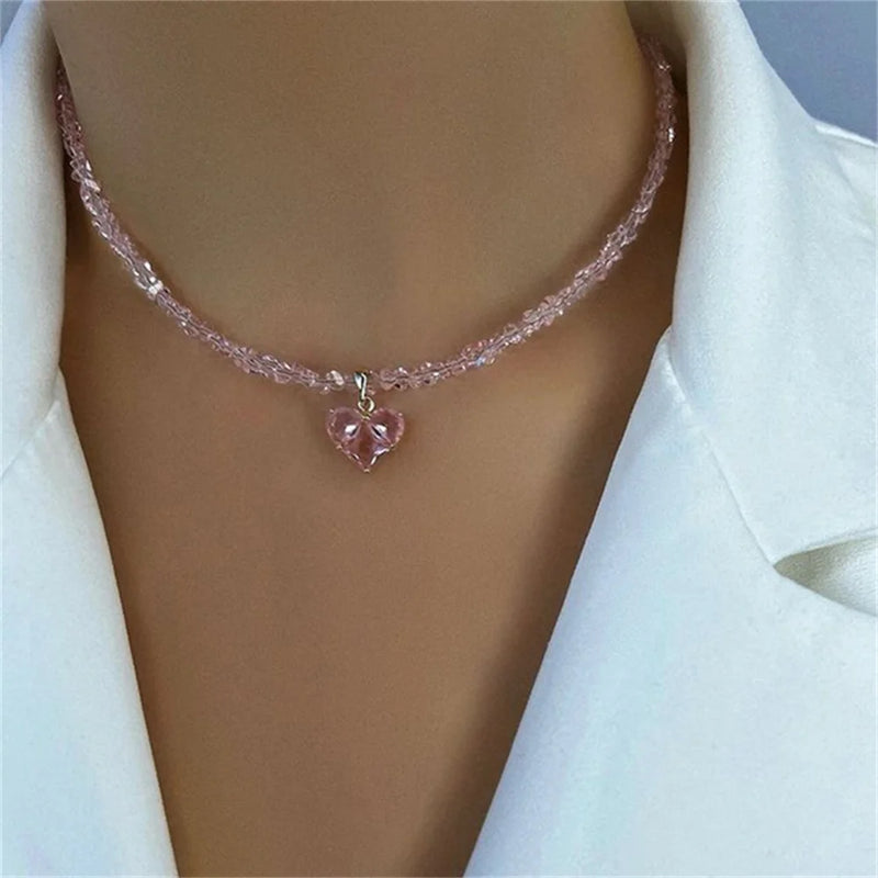 Fashion Vintage Tassels Zircon Heart Pendant Necklace For Women Female Boho Geometric Baroque Transparent Crystal  Chain Jewelry
