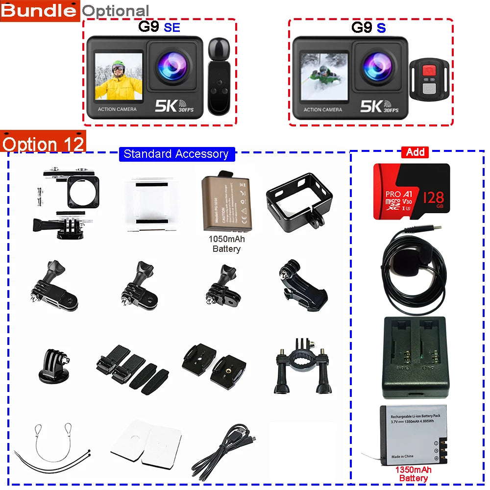 Action Camera 5K 4K60FPS 50MP 2.0 Touch EIS Pre-Record Wireless Mic Wi-Fi 170D DVR Webcam Waterproof 30M 5X Zoom Sports Camera