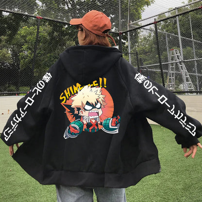 Japan Anime My Hero Academia Unisex Black Long Sleeve Zipper Hoodies Funny Katsuki Bakugou Cartoon Casual Men Winter Coats