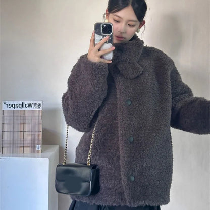 Women Faux Wool Coats Winter Thick Stand Collar Loose Casual Preppy Sweet Jacket Japanese Long Sleeve Button Vintage Outwear New