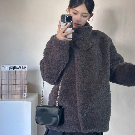 Women Faux Wool Coats Winter Thick Stand Collar Loose Casual Preppy Sweet Jacket Japanese Long Sleeve Button Vintage Outwear New
