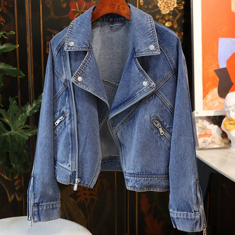 Spring Autumn Women Denim Jacket Casual Lady Moto Biker Coat Vintage Lapel Zipper Jacket