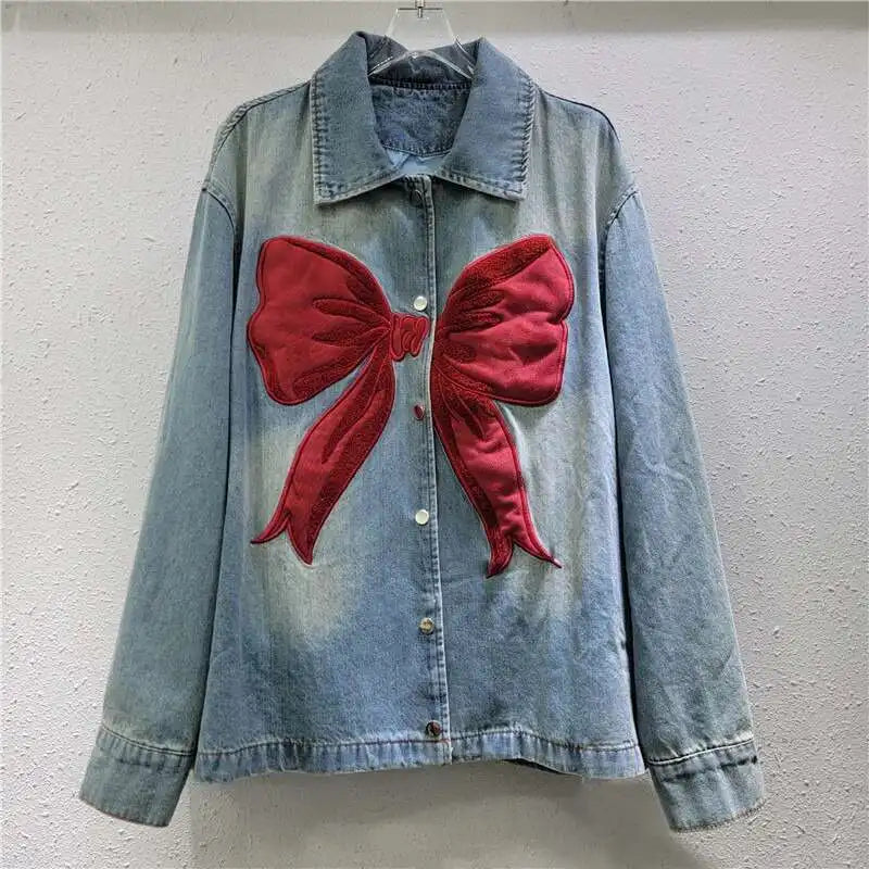 DEAT Women's Denim Coat Patchwork Red Bow Washed Blue Design Female Single Breasted Jackets 2026 Summer New Fashion 29L9359