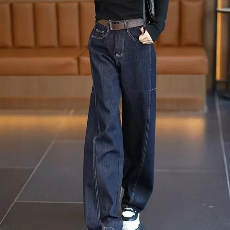 Women's 2026 American Retro Curved Wide Leg Jeans Dark Denim High Waist Casual Trendy Streetwear Trousers Pants