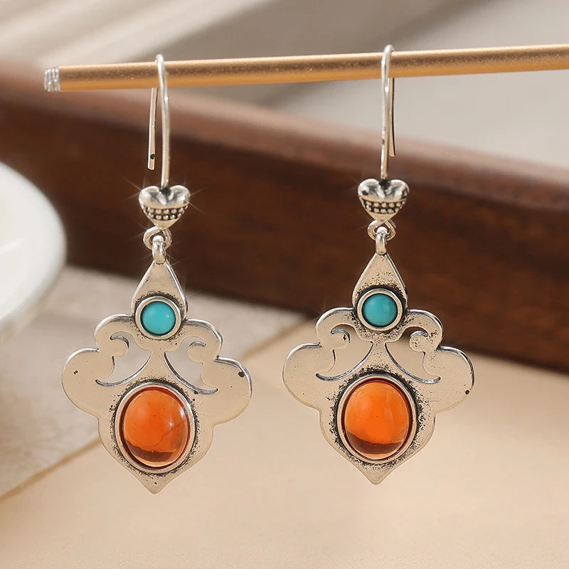 Traditional Earrings, Ethnic Tribal Earrings, Glass Stones, Carved Long Earrings, Heart Shape Earrings,
