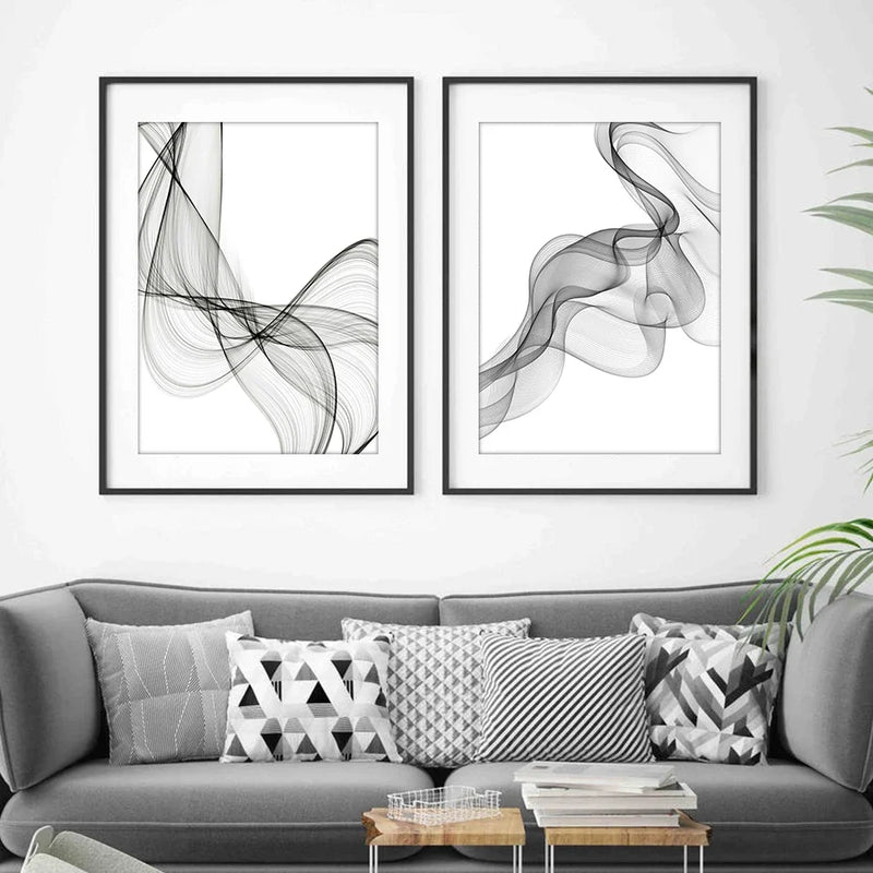 Canvas Prints Paintings Interior Wall Art Minimalist Black White Abstract Wavy Lines Poster Pictures for Living Room Home Decor