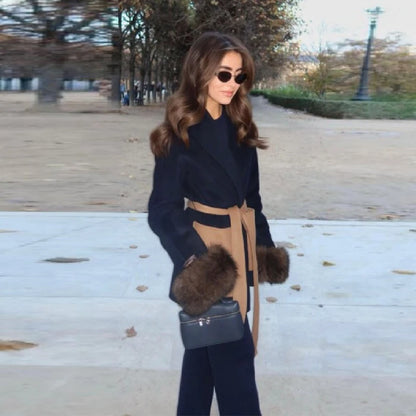 Stylish Girl New Imitation Wool Color Blocked Casual Jacket Faux Fur Cuffs Slim Fit Belt Coat Date Commuter  Female Clothing