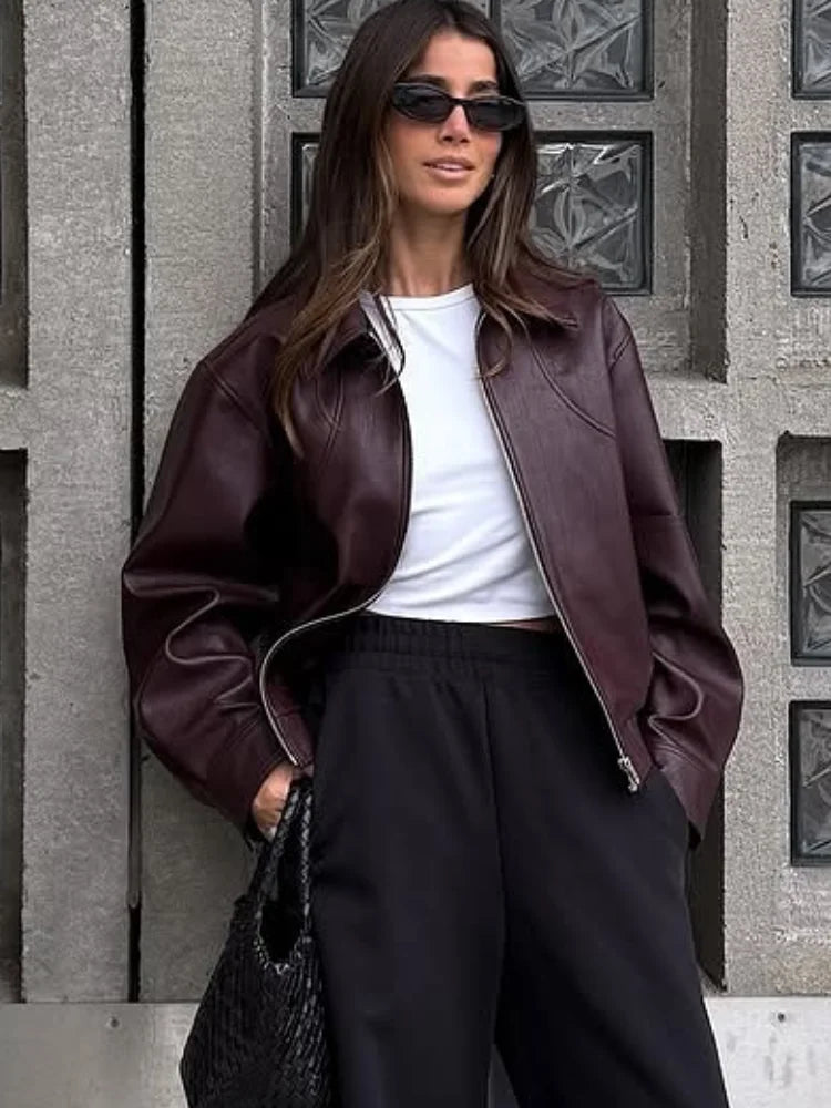 Women Wine Red Lapel Leather Jacket Fashion Full Sleeve Collar Zipper Elastic Waist Coat 2025 Casual Autumn Daily Office Outwear