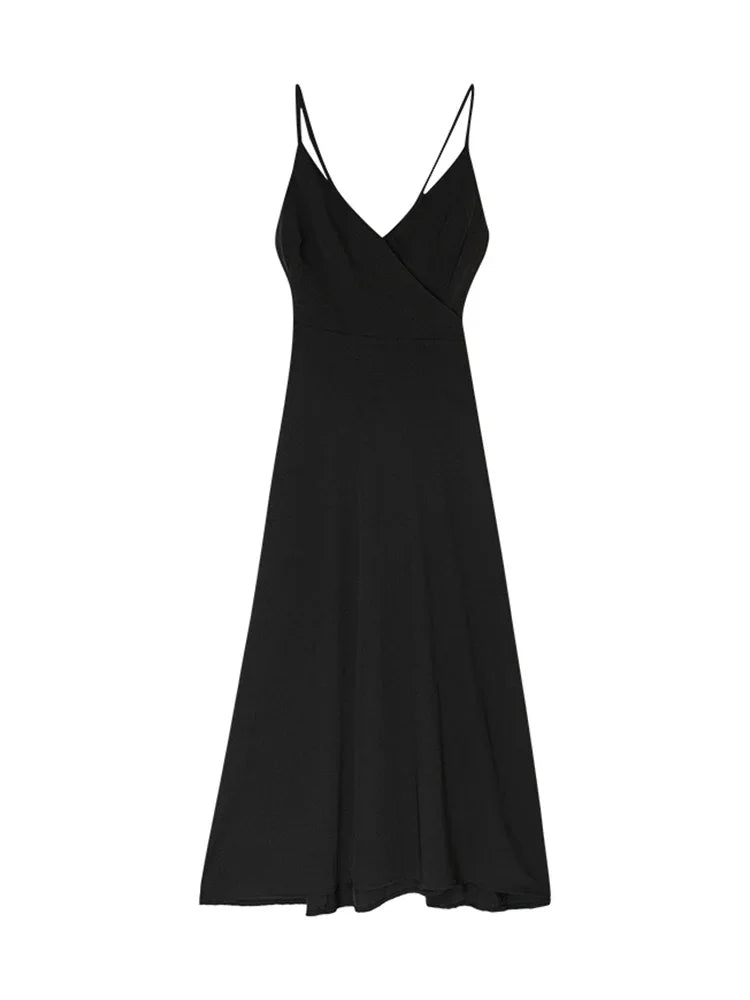 Elegant Black Backless V-Neck Slip Dress, Flowy Spaghetti Strap A-Line Sundress with Adjustable Straps, Summer Beach Party Dress