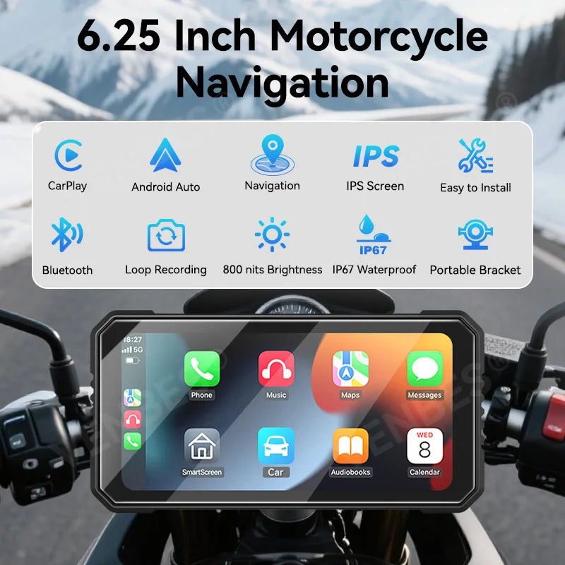 VENBES Motorcycle Carplay 6.25-Inch GPS Navigation Wireless Android Auto IP67 BT 5.0 Dual DVR Safe Driving