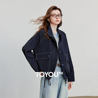 TOYOUTH Women Jacket Coat 2025 Autumn New Barn Style Workwear Large Pocket Stand up Collar Single Breaste Button Outwear Coat