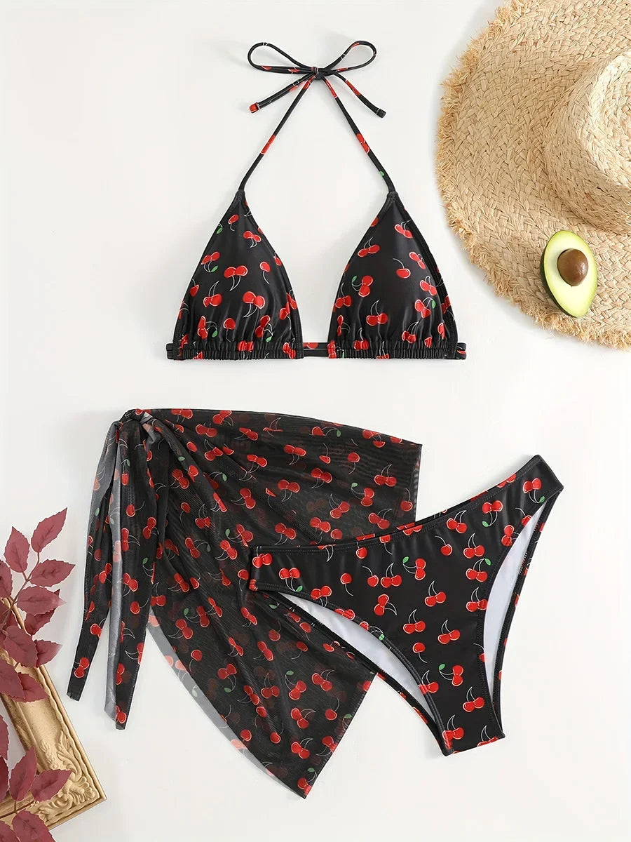 With Mesh Sarong Skirt Cherry Printed Bikini Female Swimsuit Women Swimwear Three Pieces Bikini Set Bathing Suit Swim Beachwear