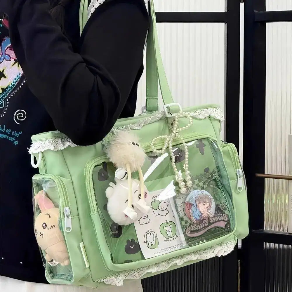 Japanese Sweet Women Ribbon Ita Bag Cute Lolita Girl Transparent Handbags Fashion Large Capacity Tote Bag Aesthetic Shoulder Bag