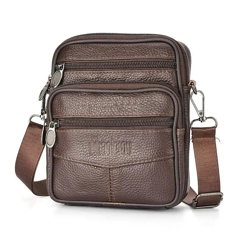 Men’s Genuine Leather Crossbody Bag,Double Zipper Small Shoulder Bag,Compact Multi-Pocket Sling Bag for Everyday Carry