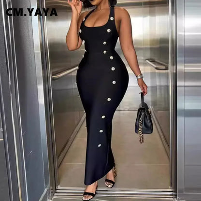 CM.YAYA Women Sleeveless O-neck Maxi Long Skinny Dress 2024 Fall Button Backless Birthday Club Sexy Party Evening Dresses