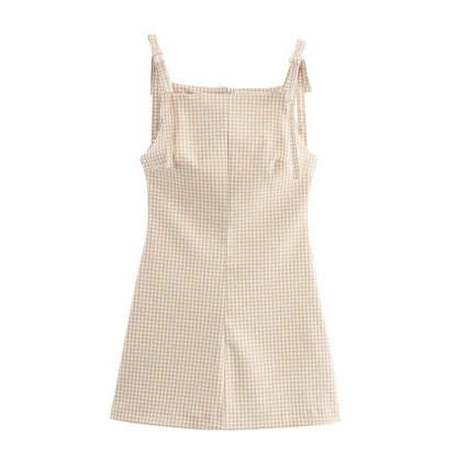 HH Woman Bow Strap Decoration Square Collar Sleeveless Back Zipper Sling Dresses Summer 2025 Female High Street Mini Dress