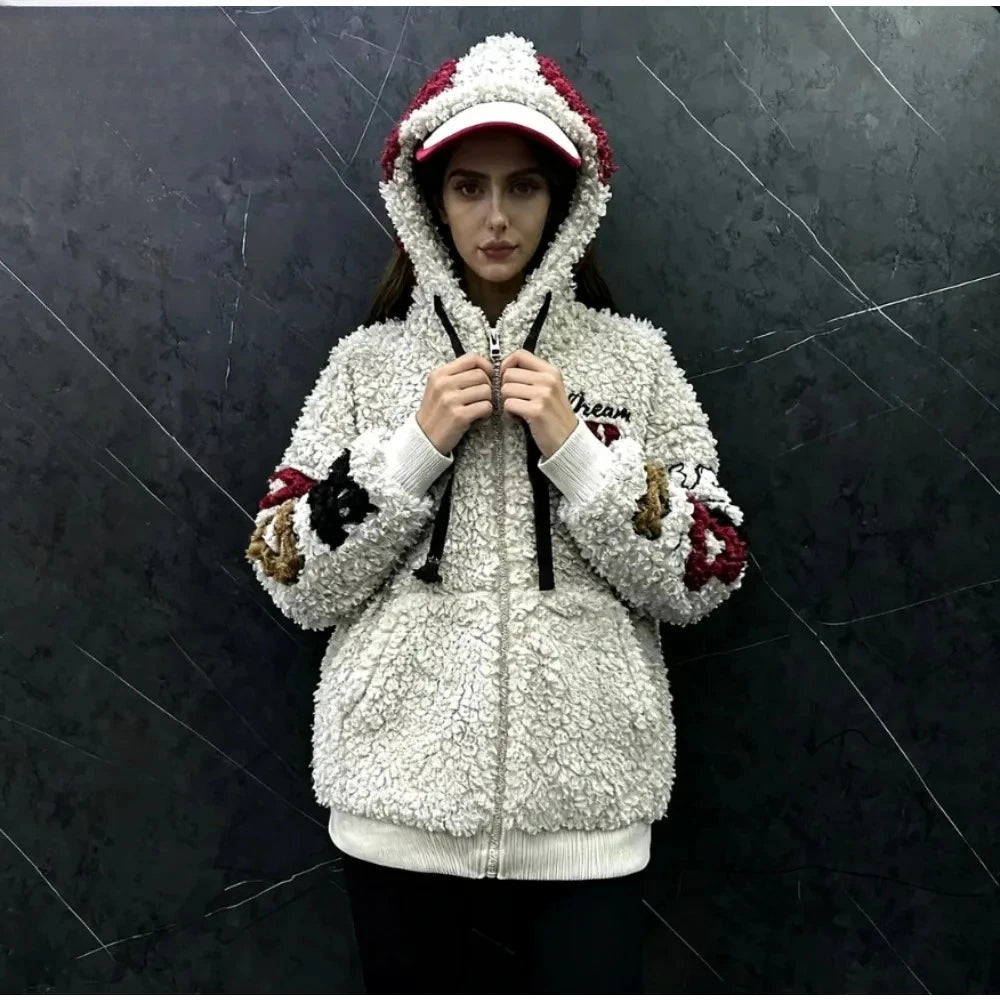 2026 Autumn and Winter Cartoon Minnie Lamb Wool Hooded Cardigan Jacket Women's Loose Casual Sweet Top