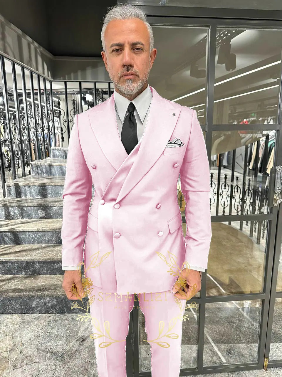 Black Men's Suit 2 Piece Double Breasted Jacket Pants Formal Wedding Groom Tuxedo Peaked Lapel Blazer Customized Men's Suit