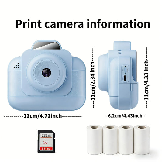 Portable photo printer (blue) with rechargeable battery and 4 rolls of thermal paper /1g card-instant photo printing