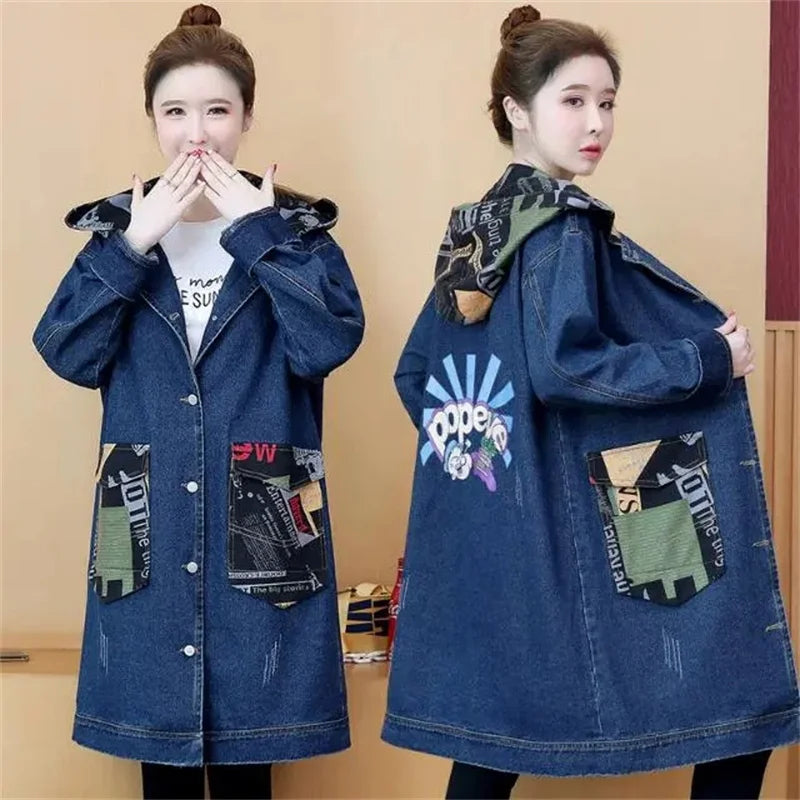2025 Spring Autumn Denim Jacket Women Hooded Windbreaker Cartoon Printed Coat Long Outerwear Female Oversize 5XL Loose Overcoat