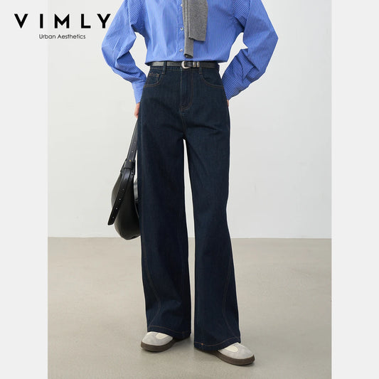 VIMLY Navy Blue Denim Woman Pants Autumn 2025 New Vintage Clothing Pockets Mid-waist Loose Female Trousers Women Clothes 75125