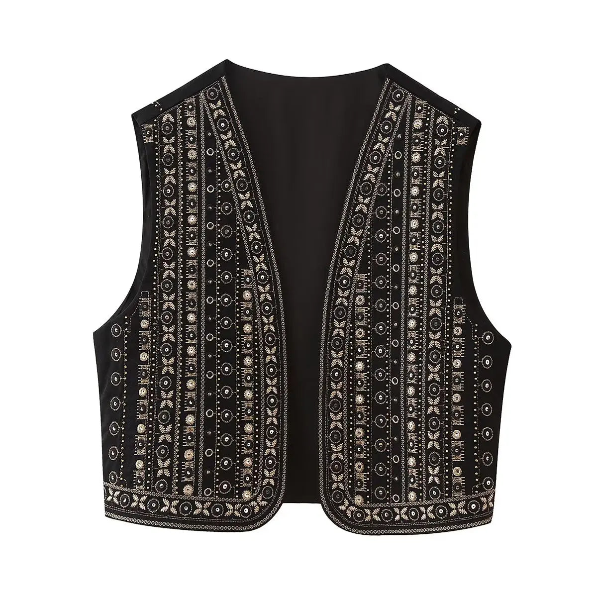 Ethnic Black Embroidery Bling Gold Line Flower WaistCoat Women BOHO Open Sleeveless Vest Jacket Outfits Vacation Loose Tops