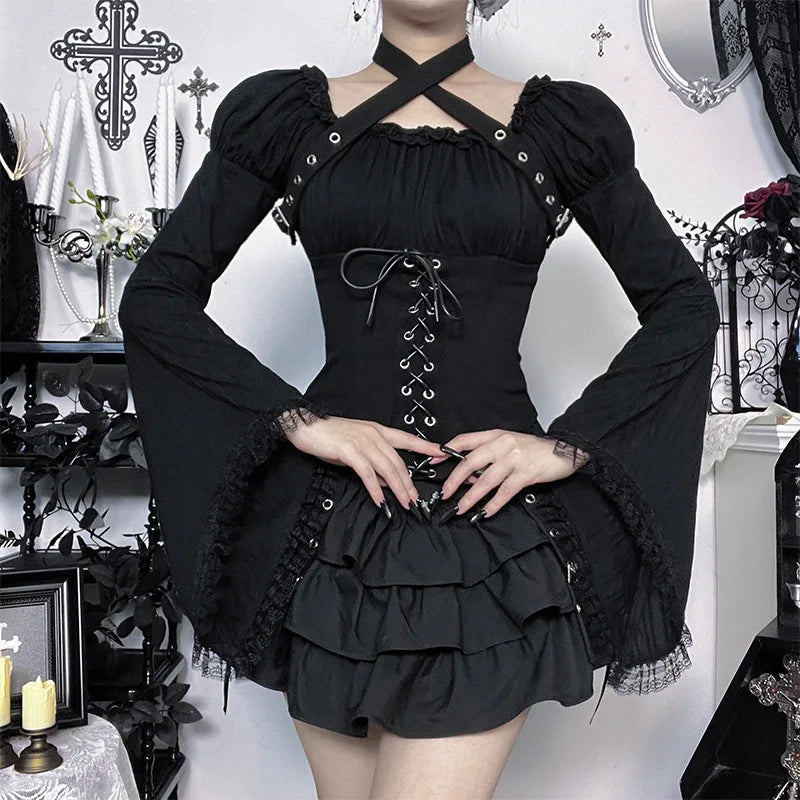 Dark Gothic Vintage Shirt Women's Off-the-shoulder Bell-sleeve Halter Top Y2K Harajuku Sexy Long-sleeve Top Lady Sets