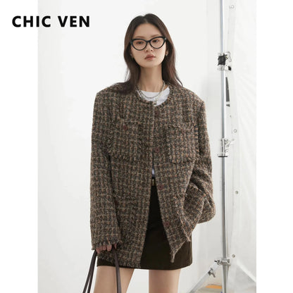 CHIC VEN Women Coat Single Breasted Retro Loose Jacket Frayed Edge Design Female Top Office Ladies Clothing Autumn Winter 2024