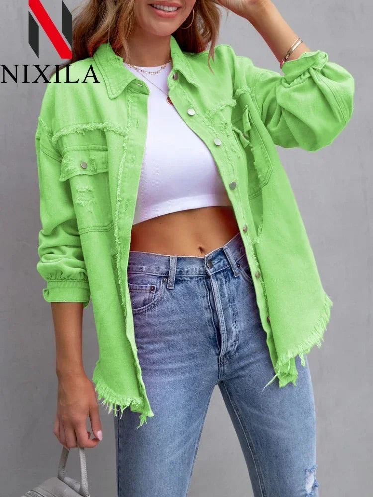 Spring Autumn Denim Women's Jacket Rough Selvedge Ripped Loose Fit Long Sleeve Korean Fashion Female Top