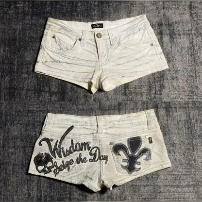 Summer Hot Girl White Cowboy Shorts Sexy Low Waist Letter Embroidered Super Shorts Women Fashion Gothic Retro Slimming Shorts