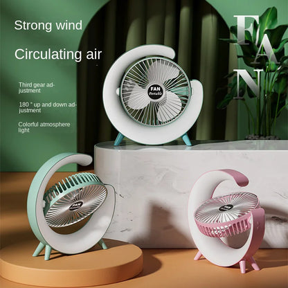 Portable fan, desktop spray, intelligent adjustable, silent, cool air lamp, indoor table fan with seven-color lights