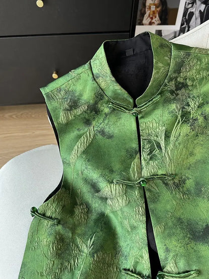 2025 Retro Chinese Literature Green Jacquard Vest Classical Chic Versatile Waistcoat Female Sleeveless Singlet Tops