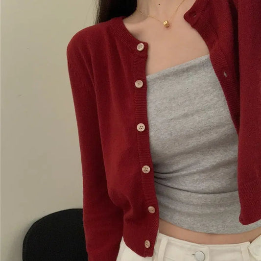 Red Cardigan Knit Early Autumn Women Clothes New 2025 Outdoor Crop Sweater Outerwear Long Sleeve Top Bottoming Shirt