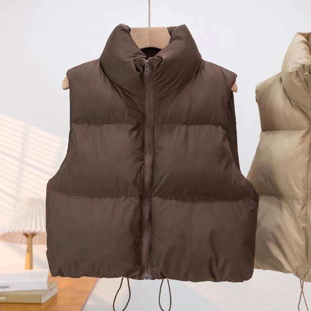 2024 New Autumn Winter Women's Down Vest Cotton Stand-up Collar Sleeveless Quilted Vest Warm Short Outdoor Travel Jacket
