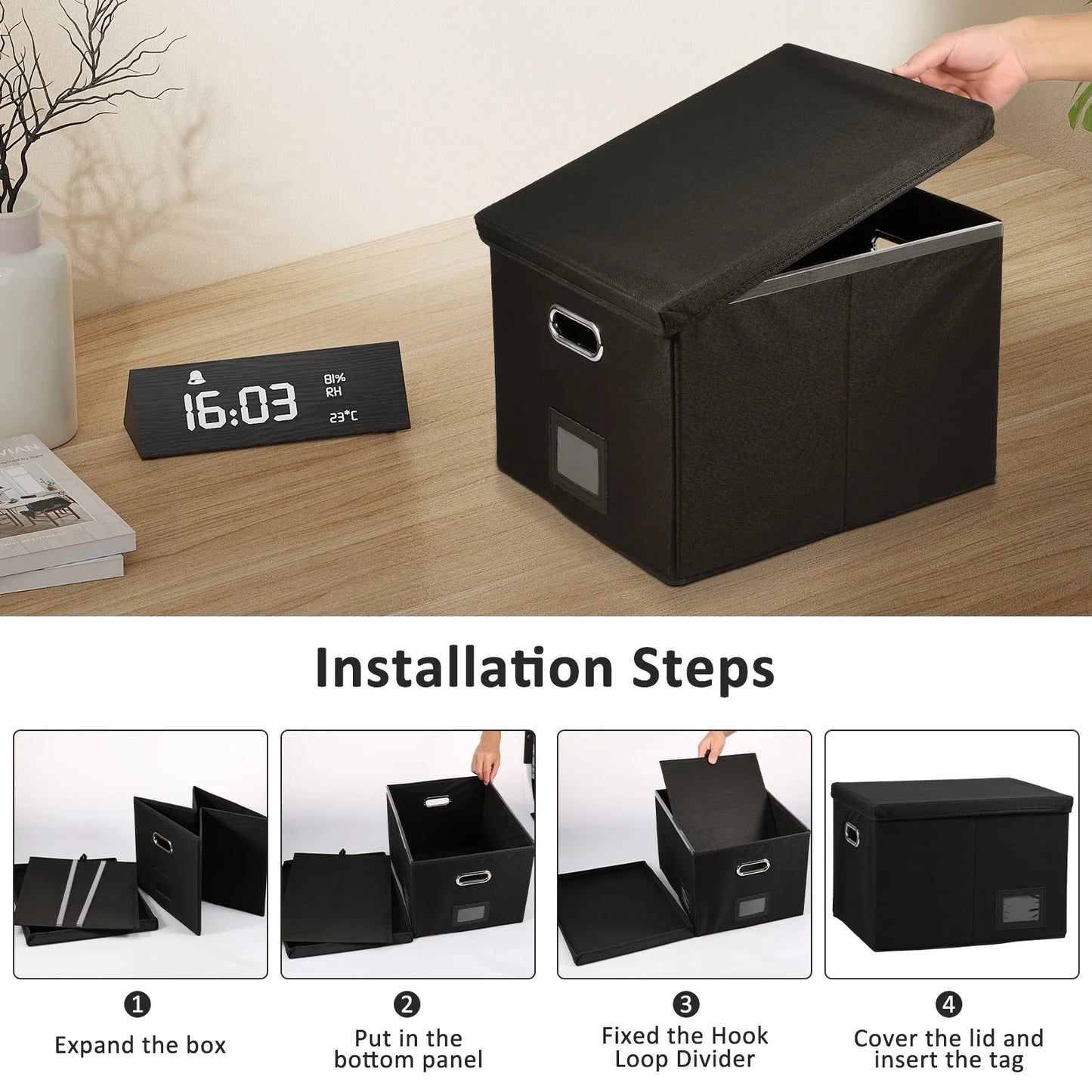 Folding File Storage Box Hanging File Filing Box with Label Slot Fabric Folder Organizer Box Portable Organizer Box with Lid