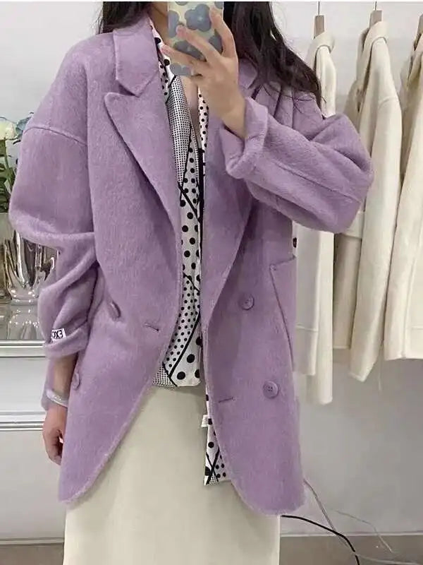 [EWQ] Korean Loose Long SleeveTurn-down Collar Solid Woolen Coats Women Double-faced Cashmere Coat Winter 2025 Autumn 16O1639