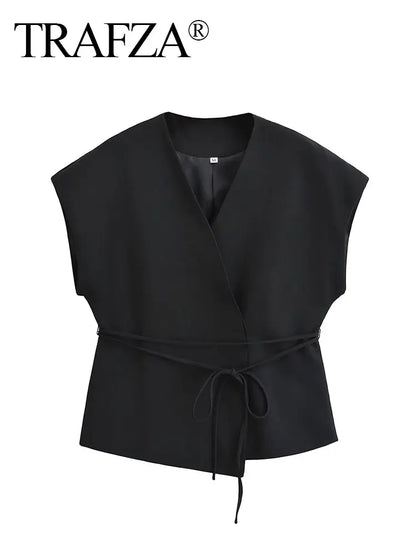 HH Women Elegant Solid Vests V Neck Sleeveless Lace Up Shirt Coat Casual Summer Female Fashion Y2k Top Vests