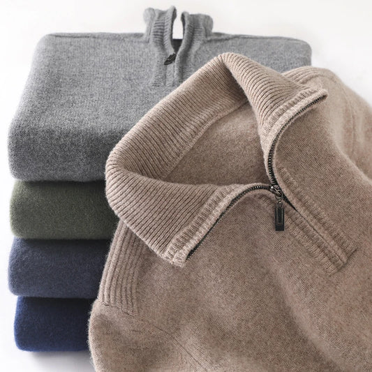 Autumn and Winter New Men's 100% Merino Wool Sweater Casual Knitted Business Half Zip Pullover Thickened Warm Long Sleeve Sweate